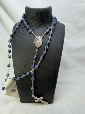 Our Lady of Fatima Rosary Beads Blue Splattered Beads Made in Italy Sivertone Cr